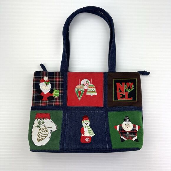 Kim Rogers Christmas Tote Bag Denim Patchwork Santa Snowman Holiday Purse - Picture 1 of 16